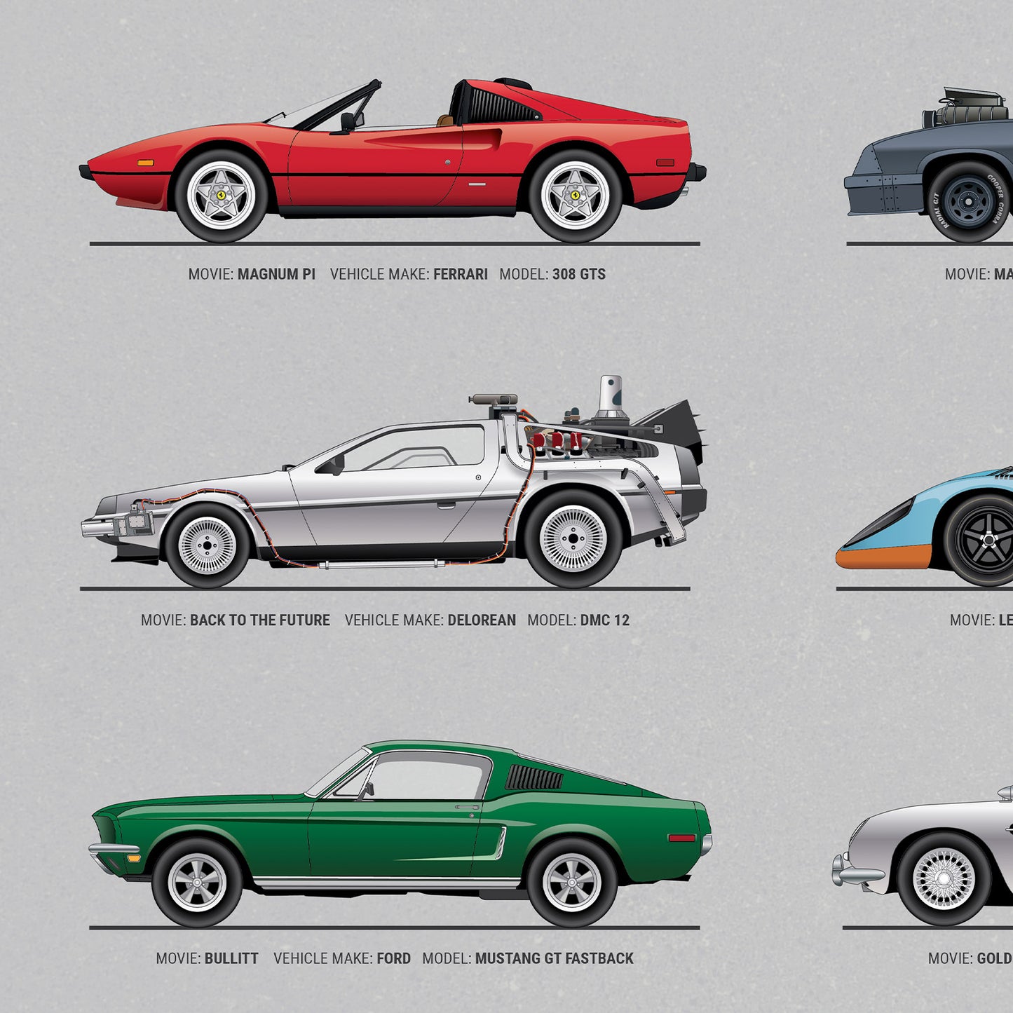 Movie Cars Wall Art (Unframed)