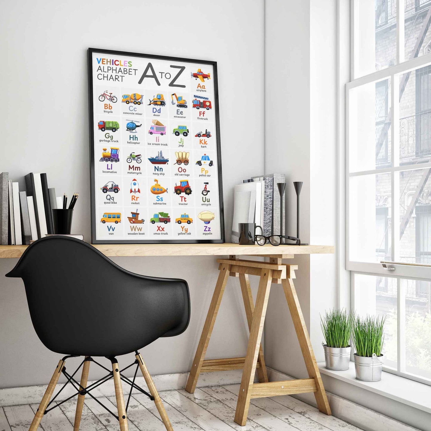 Transportation ABC Poster, Nursery Vehicles Alphabet Print, Wall Art for Kids and Babies featuring 26 Vehicles Covering A to Z. (Unframed)
