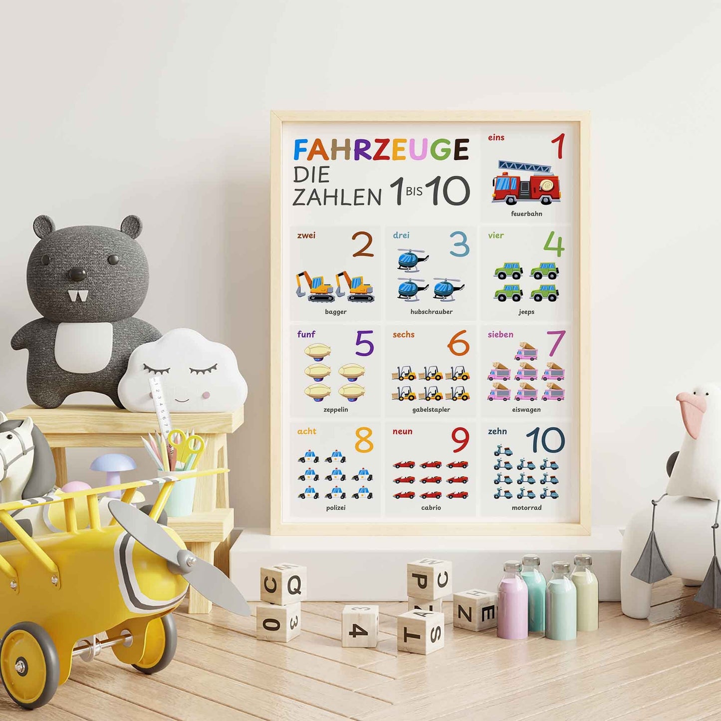 Plakat edukacyjny z liczbami, pojazdy do pokoju dziecięcego, liczenie do 10, wydruk w języku niemieckim, grafika ścienna dla dzieci i niemowląt. (Bez ramki)