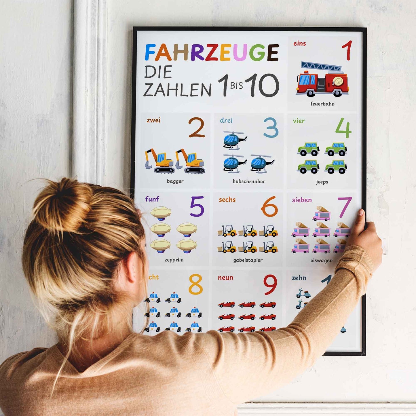 Plakat edukacyjny z liczbami, pojazdy do pokoju dziecięcego, liczenie do 10, wydruk w języku niemieckim, grafika ścienna dla dzieci i niemowląt. (Bez ramki)