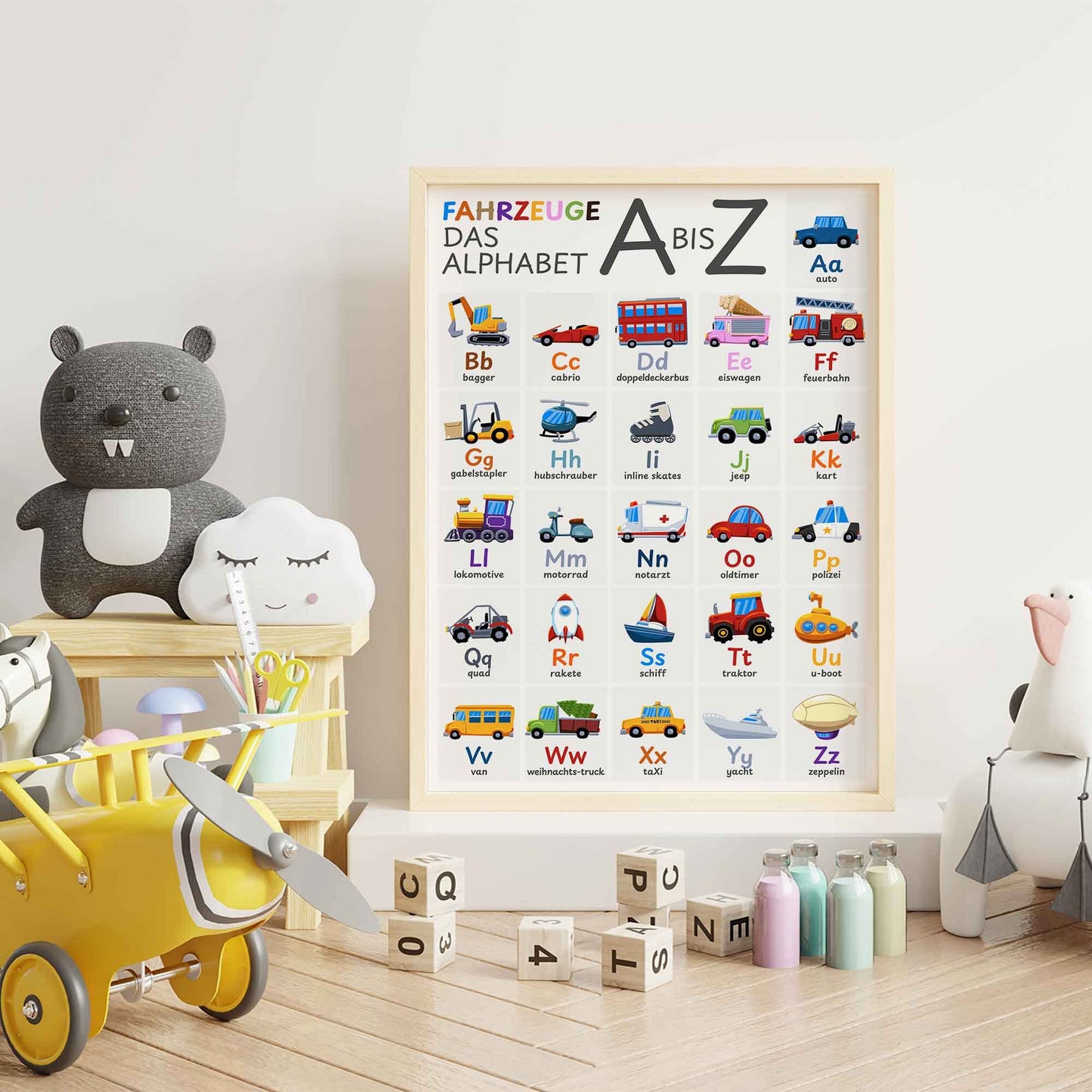 Vehicles Alphabet Poster, Nursery ABC Transportation Print Wall Art for Kids and Babies featuring 26 Vehicles Covering A to Z. (Unframed)