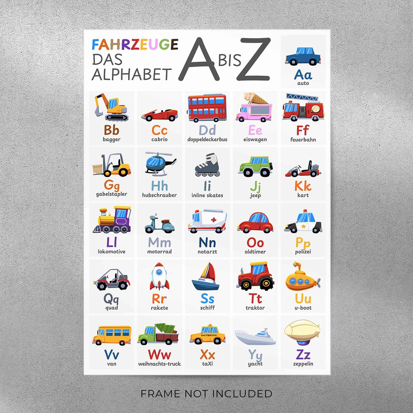 Vehicles Alphabet Poster, Nursery ABC Transportation Print Wall Art for Kids and Babies featuring 26 Vehicles Covering A to Z. (Unframed)