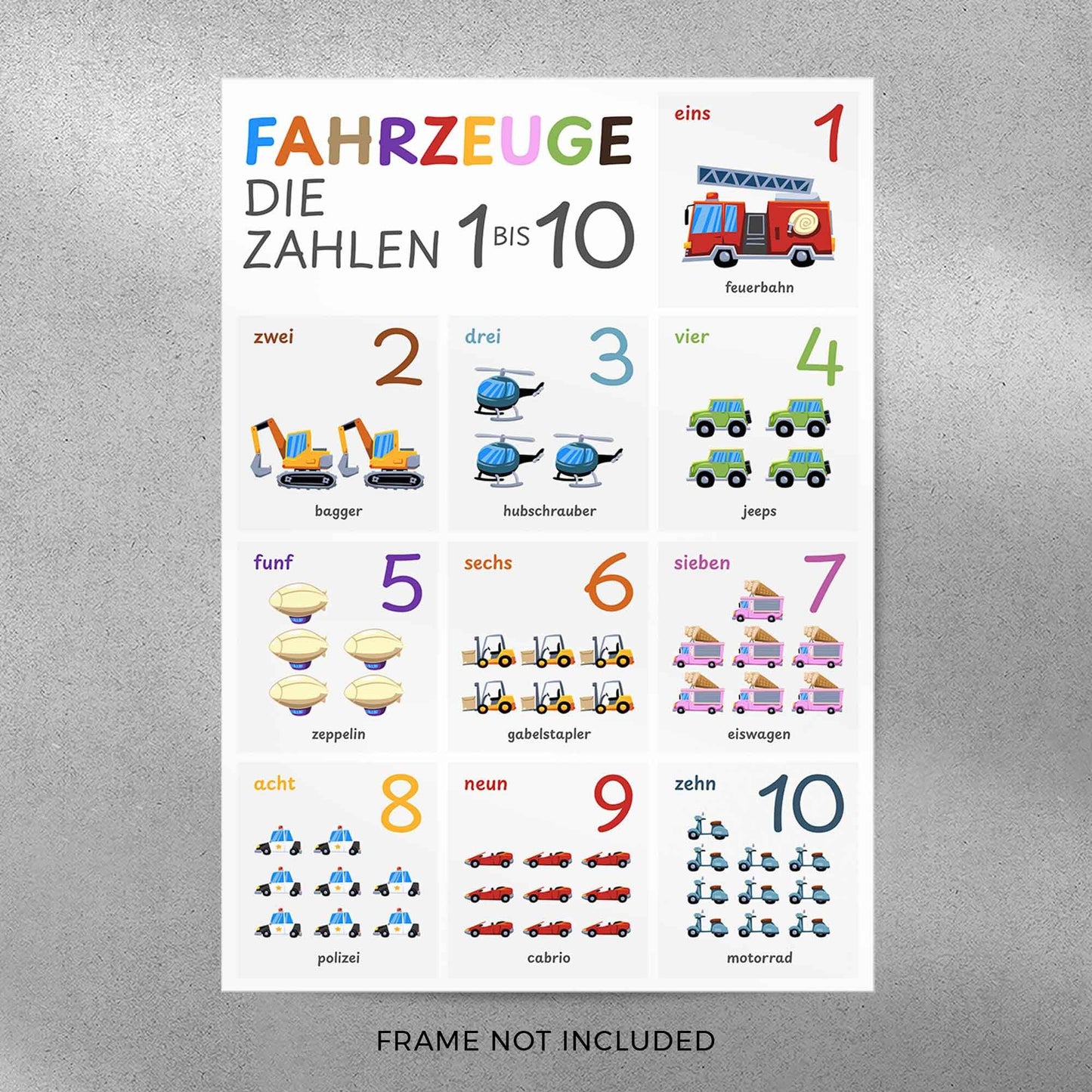 Plakat edukacyjny z liczbami, pojazdy do pokoju dziecięcego, liczenie do 10, wydruk w języku niemieckim, grafika ścienna dla dzieci i niemowląt. (Bez ramki)
