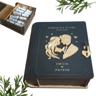 Prezent na ŚLUB, Pudełko na Pieniądze, Personalizowana Pamiątka, Czarne
