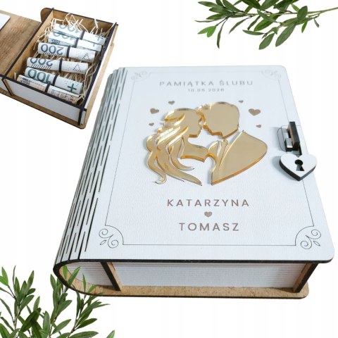 Prezent na ŚLUB, WESELE, Personalizowane Pudełko na Pieniądze, Pamiątka